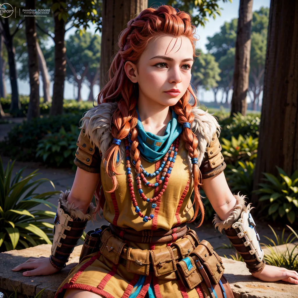 The image shows a young woman with red hair, green eyes, and freckles. She is wearing a brown leather vest, a blue shirt, and a necklace made of beads and feathers. She has a spear in her hand and is sitting on a rock in the middle of a forest. The background is blurry, but it looks like there are trees and mountains in the distance.