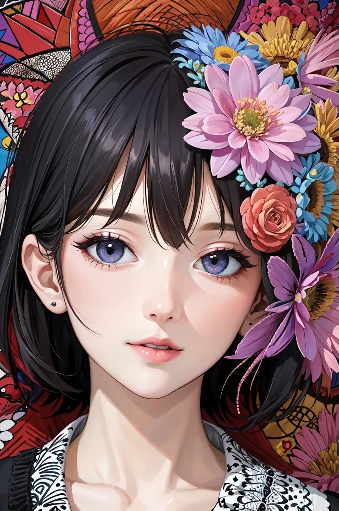 The image is a portrait of a young woman with short black hair and purple eyes. She is wearing a white shirt with a black collar. There are flowers in her hair and around her head. The background is a colorful pattern. The woman's expression is serious.