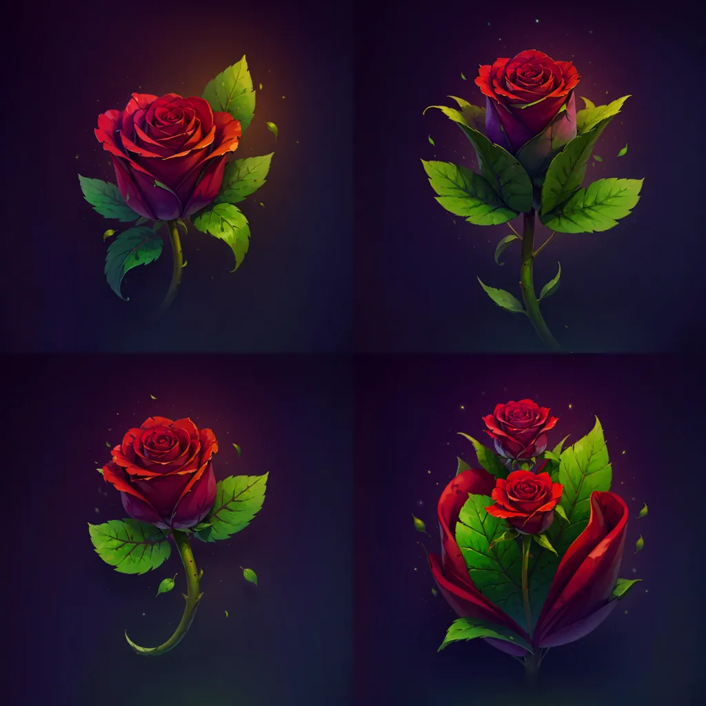 The image shows four red roses on a dark purple background. Each rose has green leaves and a long stem. The roses are arranged in a square, with one rose in each corner. The roses are all in different stages of bloom. The rose in the upper left corner is just beginning to open, while the rose in the lower right corner is fully open. The other two roses are in between these two stages.