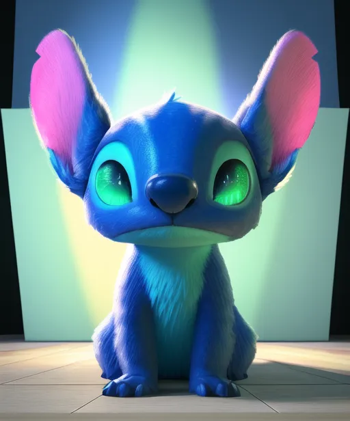 The image shows a blue cartoon alien with large ears and green eyes. It is sitting on a white surface with a blue background. The alien is looking at the viewer with a curious expression. It has a light blue body and dark blue ears and paws. The inside of its ears are pink.