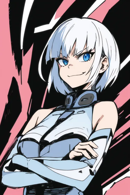 The image shows a young woman with short white hair and blue eyes. She is wearing a white and light blue bodysuit. She has a confident expression on her face and is standing with her arms crossed. The background is pink and black, with some white lines.