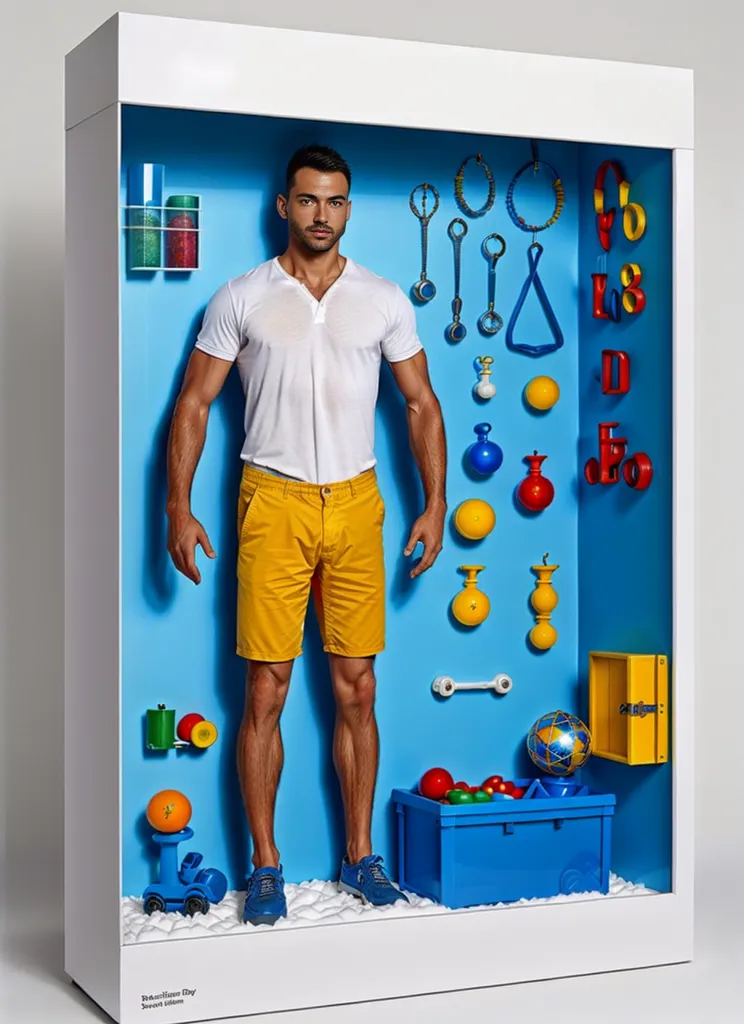 A imagem é um diorama de um homem em pé em uma sala azul. O homem está vestindo uma camisa branca e shorts amarelos e ele está olhando para a câmera. Há muitos objetos coloridos na sala, incluindo bolas, brinquedos e utensílios de cozinha. Os objetos estão arranjados de uma maneira visualmente agradável. A imagem está bem iluminada e as cores são vibrantes. O efeito geral da imagem é de felicidade e otimismo.