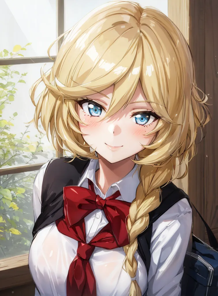 The image shows a young woman with long blonde hair and blue eyes. She is wearing a white shirt and a red bow tie. She has a braid on her right side. She is standing in front of a window. The window is open, and there are green leaves outside. The sun is shining through the window. The woman is smiling. She has a gentle expression on her face. She is wearing a backpack on her right shoulder.