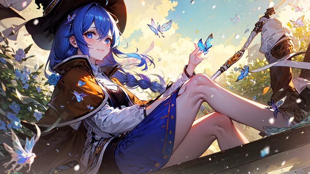 La imagen es de una chica de estilo anime con el cabello azul largo y ojos azules. Lleva un atuendo azul y marrón y un sombrero. Está sentada en una cerca en un campo de flores y hay mariposas volando a su alrededor. El fondo es un día soleado brillante con algunas nubes en el cielo.