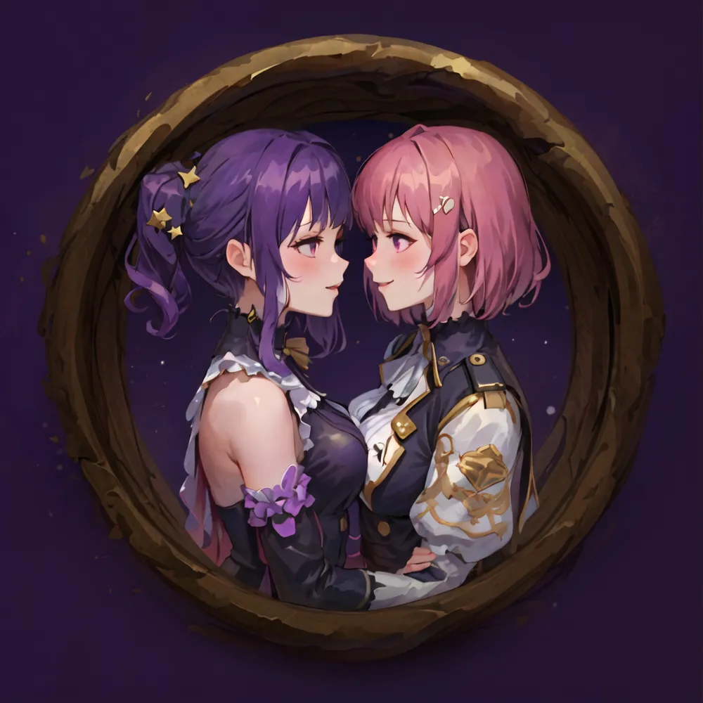 Cette image représente deux jeunes filles d'anime aux cheveux violets et roses. Elles se tiennent devant un fond violet foncé avec un cadre circulaire en bois autour d'elles. La fille de gauche a les cheveux violets et porte une robe noire et violette. Elle a un sourire doux sur le visage. La fille de droite a les cheveux roses et porte une tenue militaire blanche et rose. Elle sourit également doucement.