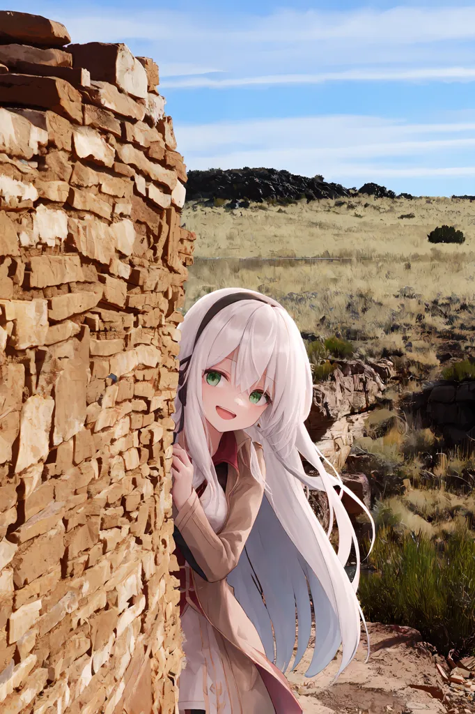 This image shows an anime-style girl with long white hair and green eyes. She is wearing a white shirt, a tan jacket, and a brown skirt. She is hiding behind a large rock and peeking out at the viewer with a smile on her face. In the background, there is a large canyon with a river running through it. The sky is blue, and there are some clouds in the distance.