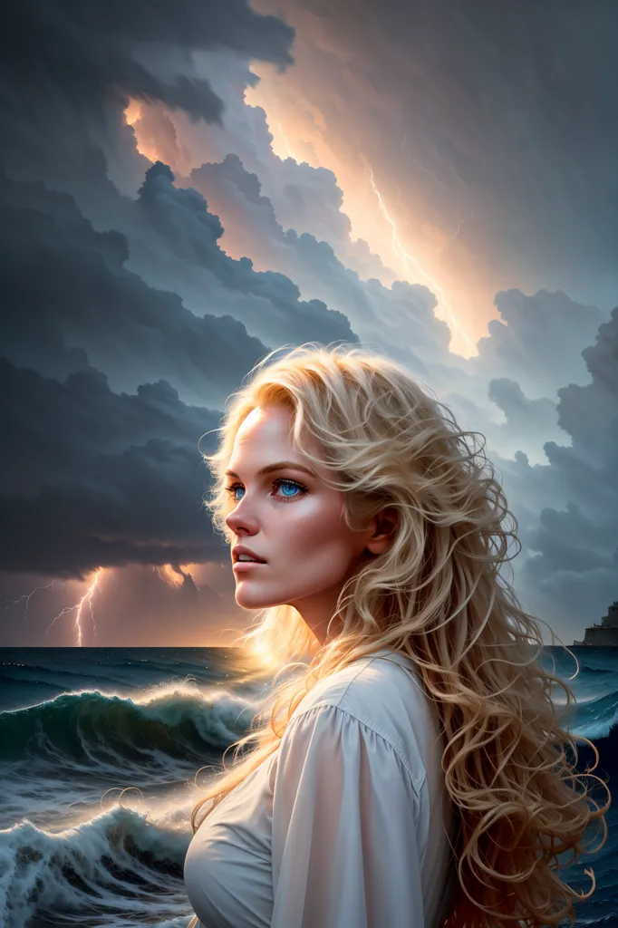 L'image montre une belle femme blonde debout sur une plage, regardant une mer orageuse. Le ciel est sombre et nuageux, et les vagues s'écrasent sur le rivage. La femme porte une robe blanche, et ses cheveux sont balayés par le vent. Elle a un regard déterminé sur son visage, et il est clair qu'elle n'a pas peur de la tempête.