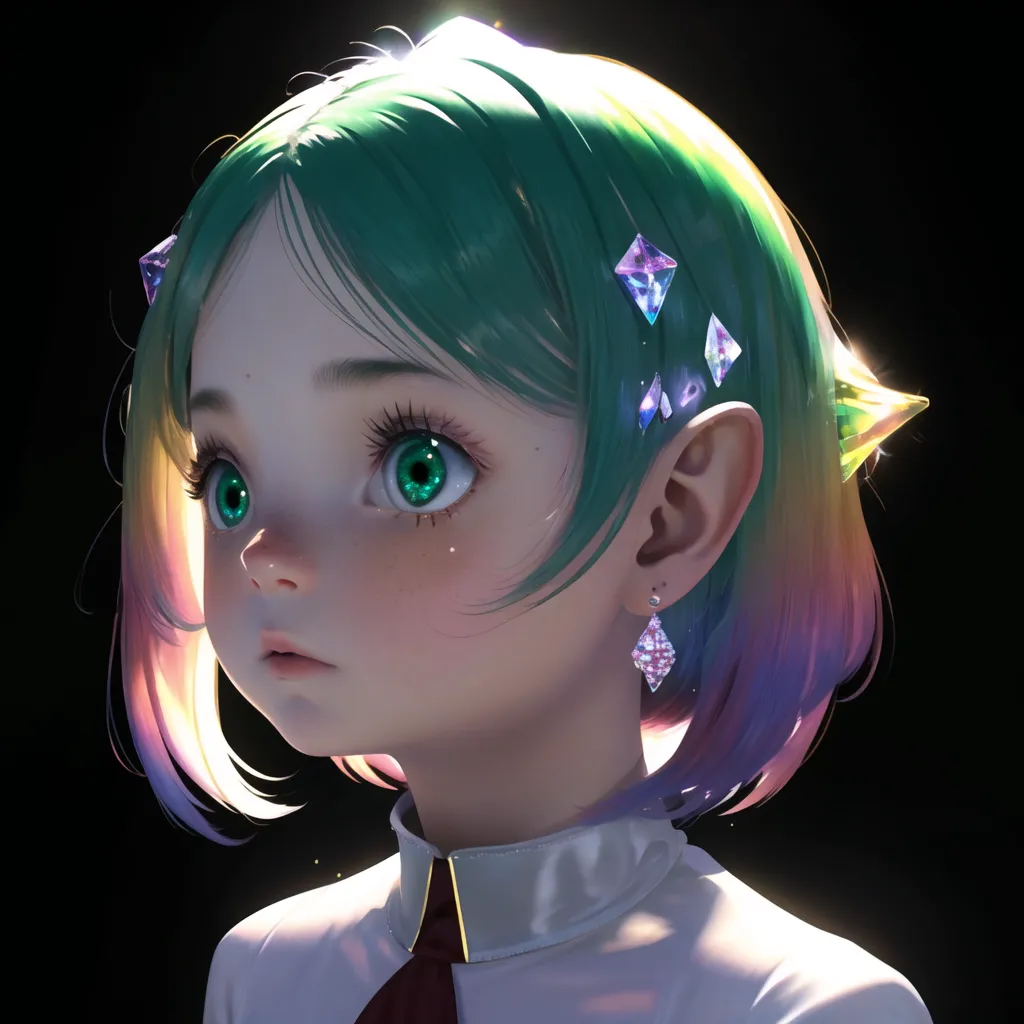 The image shows a young girl with green hair and eyes. She is wearing a white shirt with a red ribbon. Her hair is cut short and she has a few loose strands hanging down. Her ears are pointed and she has diamond earrings. She is looking to the right of the frame and has a thoughtful expression on her face. The background is black.