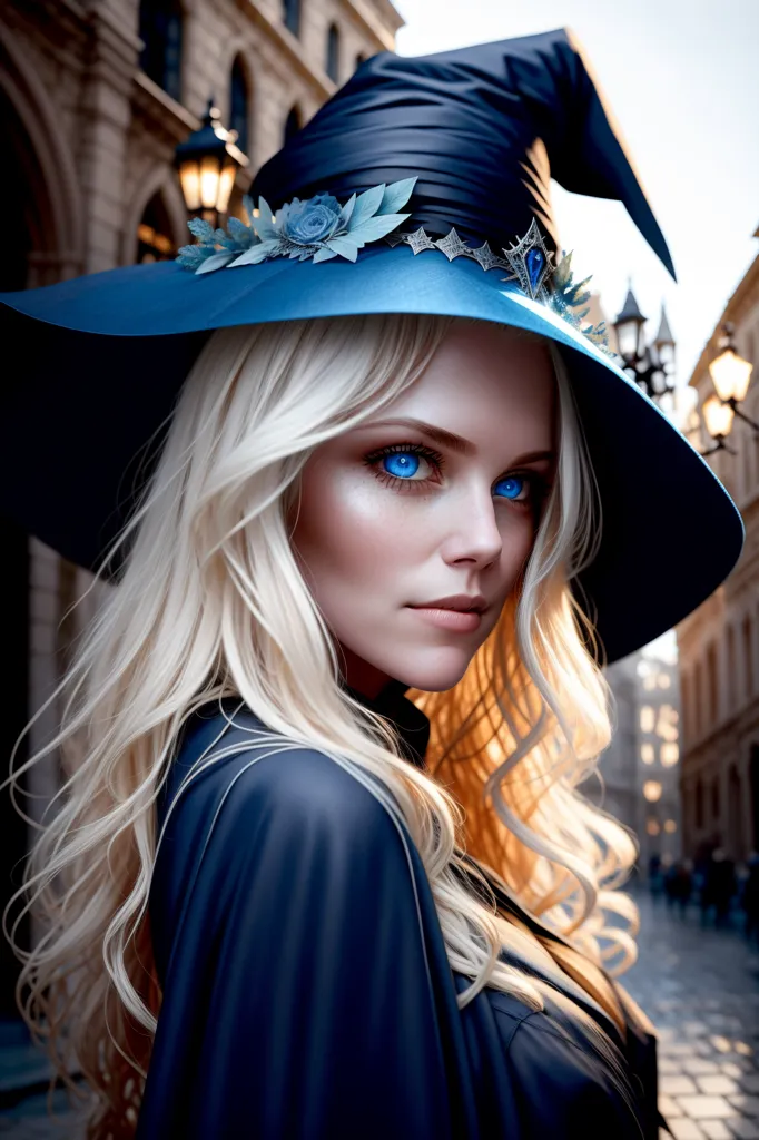 This image shows a beautiful young woman with long, flowing blonde hair and piercing blue eyes. She is wearing a tall, pointed blue hat with a wide brim. The hat is decorated with a band of flowers and jewels. She is also wearing a blue cloak with a white collar. The woman is standing in a dark, cobblestone street. There are buildings on either side of the street and a street lamp in the background. The woman is looking at the viewer with a serious expression.