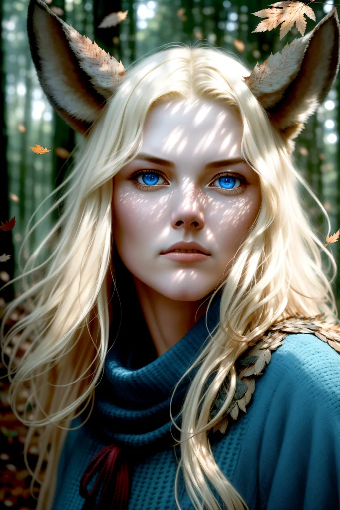 The image is a portrait of a beautiful young woman with long blonde hair and blue eyes. She has pointed ears like an elf, and is wearing a blue sweater with a white turtleneck. There are leaves in her hair and on her shoulders, suggesting that she is in a forest. The background is blurred, but it looks like there are trees behind her. The woman has a serious expression on her face, and she is looking directly at the viewer.