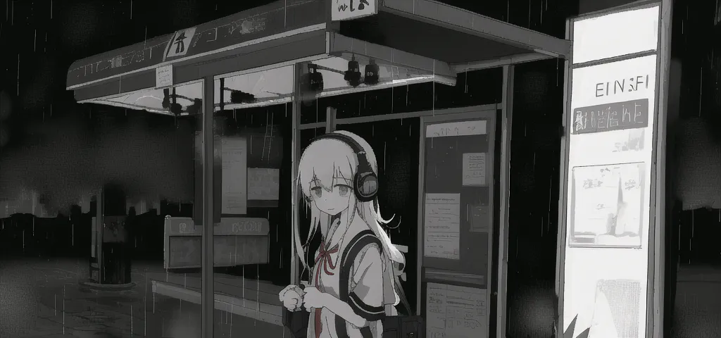 The image is in black and white. It shows a bus stop with a girl standing in it. The girl is wearing a school uniform and has long white hair. She is listening to music on her headphones. There is rain falling.