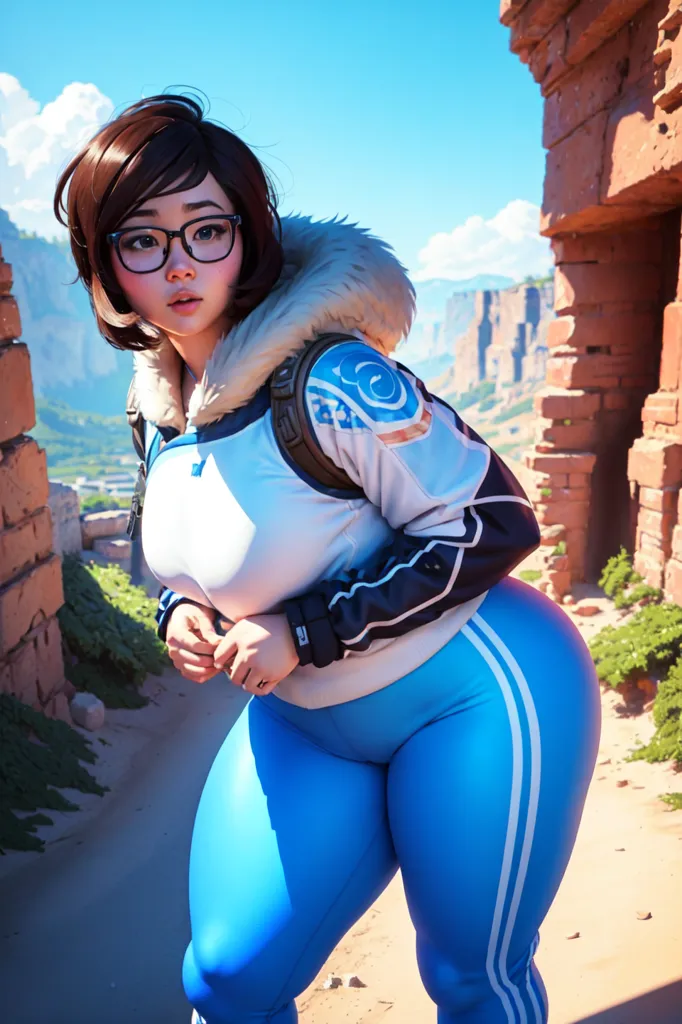 The image is of a young woman with brown hair and glasses. She is wearing a white and blue tracksuit with a fur-lined hood. She is standing in a canyon, with a large rock wall behind her. The image is rendered in a realistic style, and the woman's expression is one of determination.