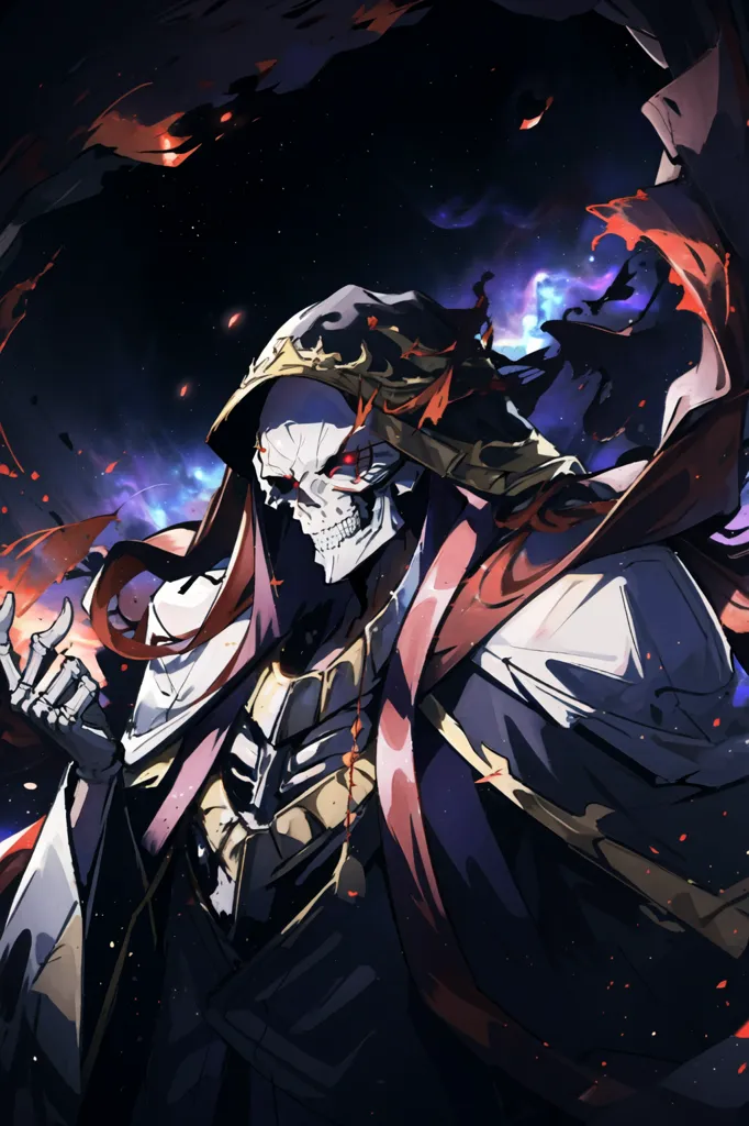 The image is of a skeletal figure with red eyes wearing a black and red robe with a golden crown. There is a dark background with red and purple splashes.