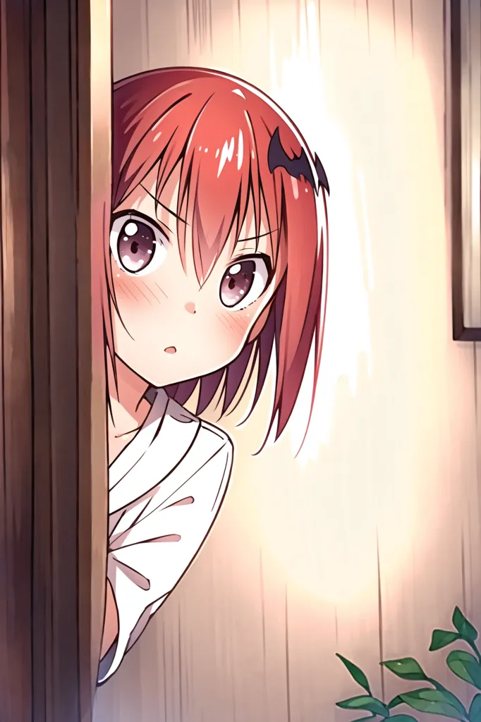 The image shows a young girl with red hair and purple eyes peeking around a door. She has a surprised expression on her face and is wearing a white shirt. The background is a blur of a room with a plant in the foreground.