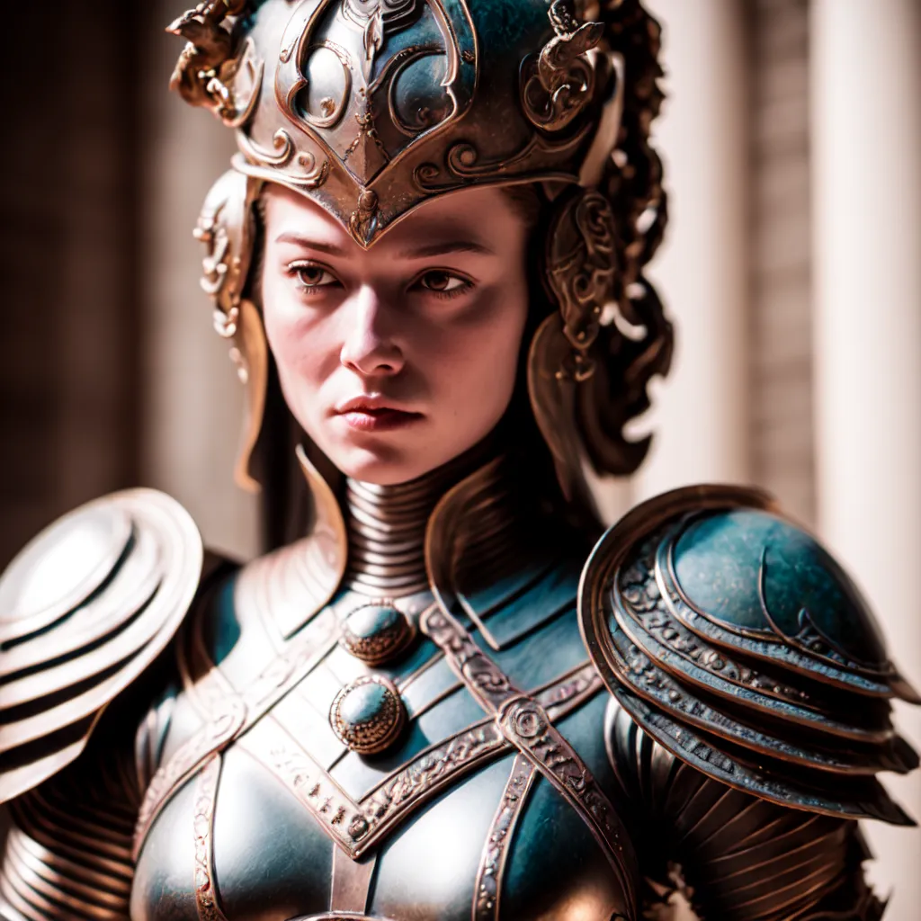 This is an image of a woman wearing a suit of armor. The armor is made of metal and has a green patina. The woman is wearing a helmet with a visor that is up. She has brown eyes and a determined expression on her face. She is standing in a hallway or corridor.