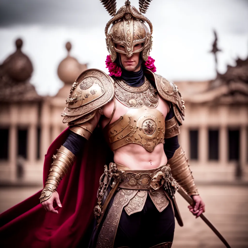 Esta es una imagen de una persona con una armadura dorada y una capa roja. Lleva un casco con una protuberancia con forma de ala a cada lado. La armadura tiene diseños intrincados y sostiene una espada en su mano derecha. El fondo es una imagen borrosa de una ciudad.