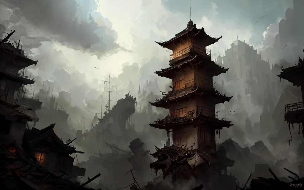 The image is a post-apocalyptic cityscape. The once-thriving city is now in ruins, with destroyed buildings and debris everywhere. The sky is dark and cloudy, and the atmosphere is one of gloom and despair.

In the foreground of the image is a large, ruined pagoda. The pagoda is surrounded by rubble and debris, and its once-bright colors are now faded and muted. The pagoda is a symbol of the city's former glory, and its destruction is a reminder of the power of war and destruction.

The background of the image is filled with the ruins of the city. The buildings are all destroyed, and the streets are littered with debris. The sky is dark and cloudy, and the atmosphere is one of hopelessness.

The image is a powerful reminder of the fragility of human civilization. It is a warning that even the most powerful cities can be destroyed by war and natural disasters. The image is also a reminder of the importance of peace and cooperation. Only by working together can we hope to build a better future for ourselves and for our children.