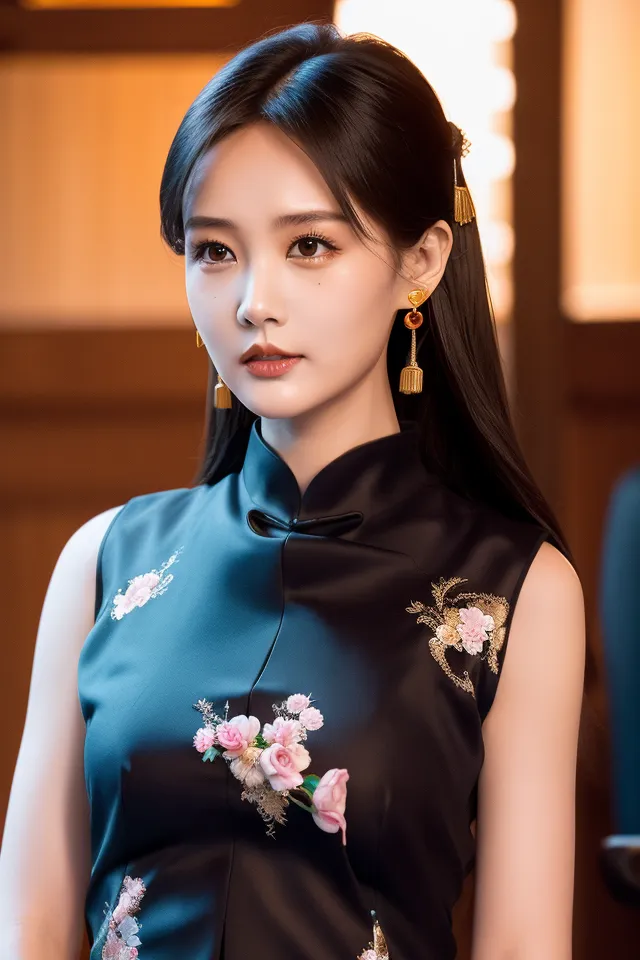 The image shows a young woman with long black hair and brown eyes. She is wearing a black sleeveless cheongsam with a floral pattern. The cheongsam has a high collar and is fastened with frog buttons. She is also wearing a pair of gold earrings with red stones. Her hair is styled in a bun with two long strands of hair framing her face. She is looking at the camera with a serious expression. The background is blurred and is a darker color than the foreground.