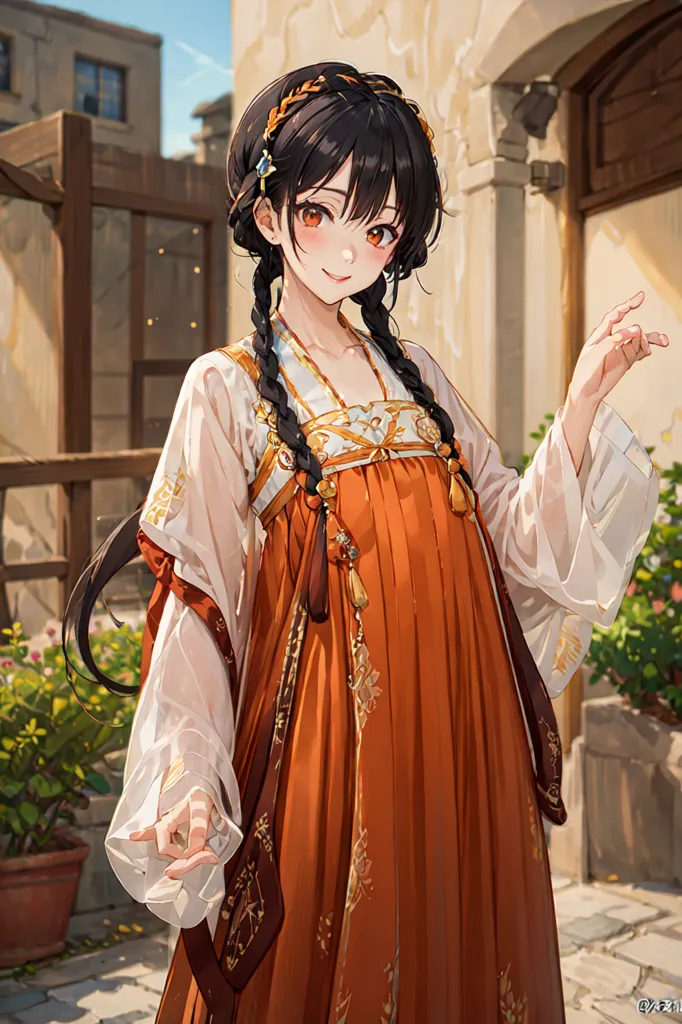 The image shows a young woman standing in a courtyard. She is wearing a traditional Chinese dress with a long orange skirt and white top with long sleeves. The dress is decorated with intricate gold and brown patterns. She has long black hair that is braided and tied up in a bun. She is also wearing a number of hair accessories including hair pins and beads. She has brown eyes and a gentle smile on her face. She is standing with one hand raised in the air and the other hand at her side. There are plants and flowers in the background.