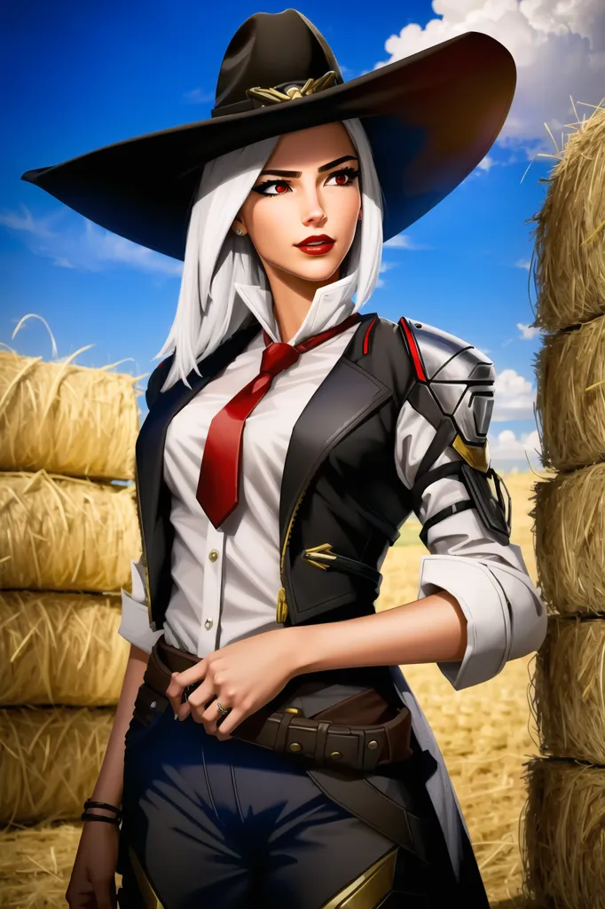 This image shows a female character with white hair and red eyes wearing a black cowboy hat and a red tie. She is wearing a white shirt, a black vest, and a brown belt with a silver buckle. She is also wearing a black glove on her right hand and a brown holster on her left hip. She is standing in a field of hay bales with a confident expression on her face. In the background, there is a blue sky with white clouds.