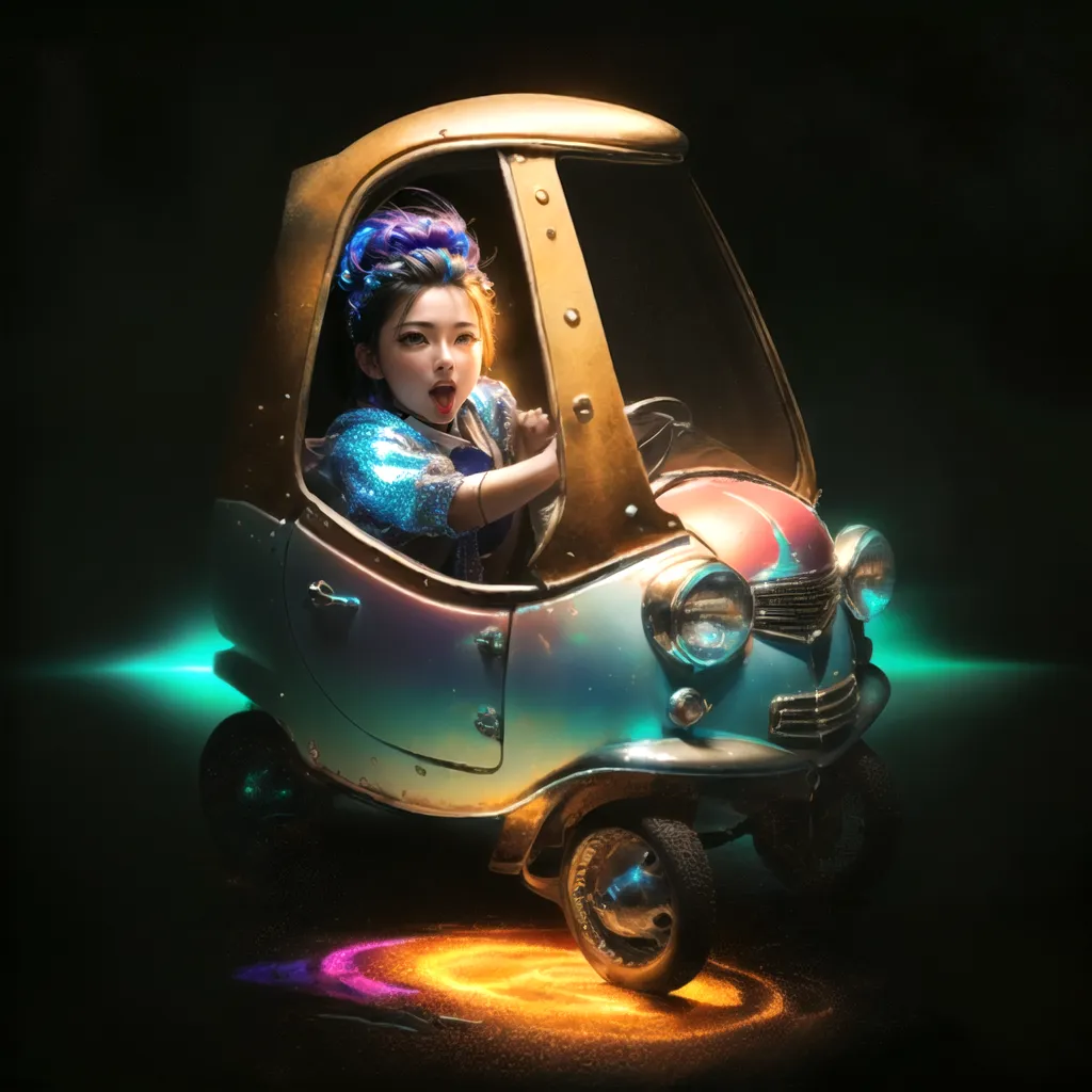 Esta é uma imagem de uma jovem mulher dirigindo um pequeno carro futurista. O carro é azul e prata, e tem uma parte superior em forma de bolha. A mulher está usando um vestido brilhante e tem cabelos azuis e rosas. Ela está sorrindo e com a língua de fora. O carro está dirigindo em uma estrada iluminada por luzes coloridas. Há um fundo escuro com alguns brilhos.