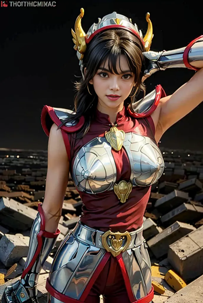 The image is a digital painting of a young woman wearing a red and silver armor. She has long brown hair, blue eyes, and a determined expression on her face. She is standing in a rocky landscape, with a city in the background. The painting is done in a realistic style, and the artist has paid great attention to detail. The woman's armor is made of metal, and it is decorated with gold trim. She is also wearing a red cape, which is blowing in the wind. The woman's hair is blowing in the wind, and her eyes are narrowed in concentration. She is holding a sword in her right hand, and she is ready to fight. The painting is full of action and excitement, and it captures the viewer's attention.