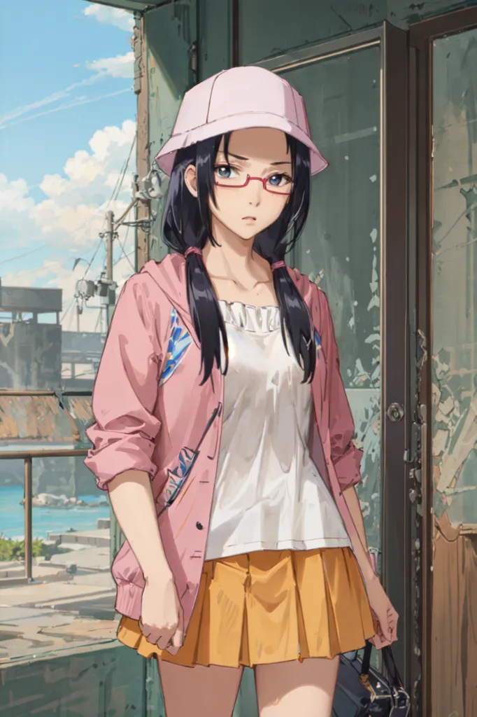 This is an image of a young woman standing in front of a door. She is wearing a pink hat, glasses, a white shirt, a pink jacket, and a yellow skirt. She has long black hair and brown eyes. She is carrying a black bag. The door is green and has a window in it. The background is a city with a blue sky and white clouds.