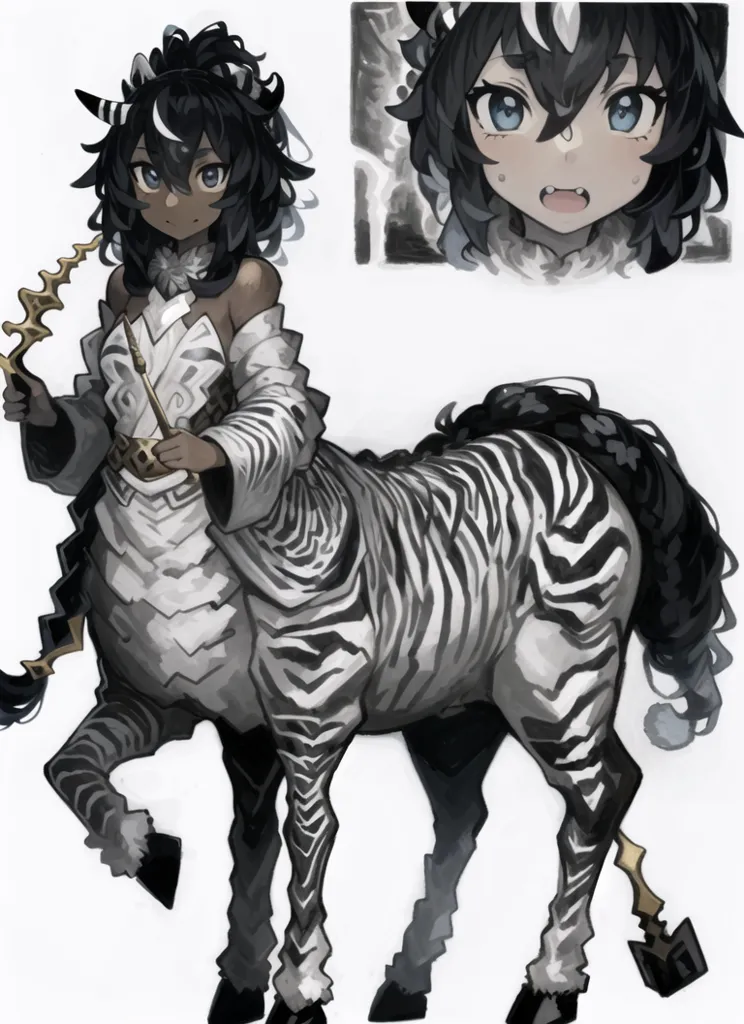 Gambar ini menunjukkan makhluk seperti centaur dengan bagian atas tubuh seorang wanita berkulit gelap dan bagian bawah tubuh seekor zebra. Dia memiliki rambut hitam panjang dengan mata biru-hijau dan dua tanduk kecil di kepalanya. Dia mengenakan pakaian putih dan emas serta memegang tongkat di tangan kanannya. Gambar ini digambar dengan gaya realistis dan makhluk tersebut digambarkan dalam pose yang dinamis.