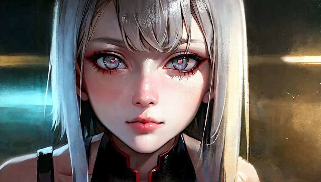 The image is a portrait of a young woman with short white hair and red eyes. She is wearing a black choker and a black and red bodysuit. The background is a blur of light and dark colors. The woman's expression is serious and intense. She is looking at the viewer with her head tilted slightly to the right.