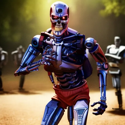 The image shows a robot. It has a metallic skeleton and red eyes. It is wearing a red loincloth and has a gun in its hand. It is standing in a forest, and there are other robots in the background. The image is dark and has a blue tint.