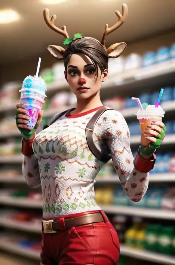 The image shows a female video game character with brown hair and green eyes. She is wearing a white and red Christmas sweater, a brown belt, and red pants. She also has reindeer antlers on her head and is holding two slushies, one in each hand. The character is standing in a grocery store, and there are shelves of food and drinks behind her.