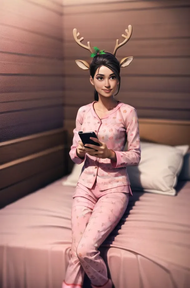 A young woman is sitting on a bed wearing pink pajamas and reindeer antlers. She is looking at her phone. The bed is messy and there is a pillow and blanket on it. The woman has long brown hair and brown eyes. She is smiling. The background is a wall with wood paneling.