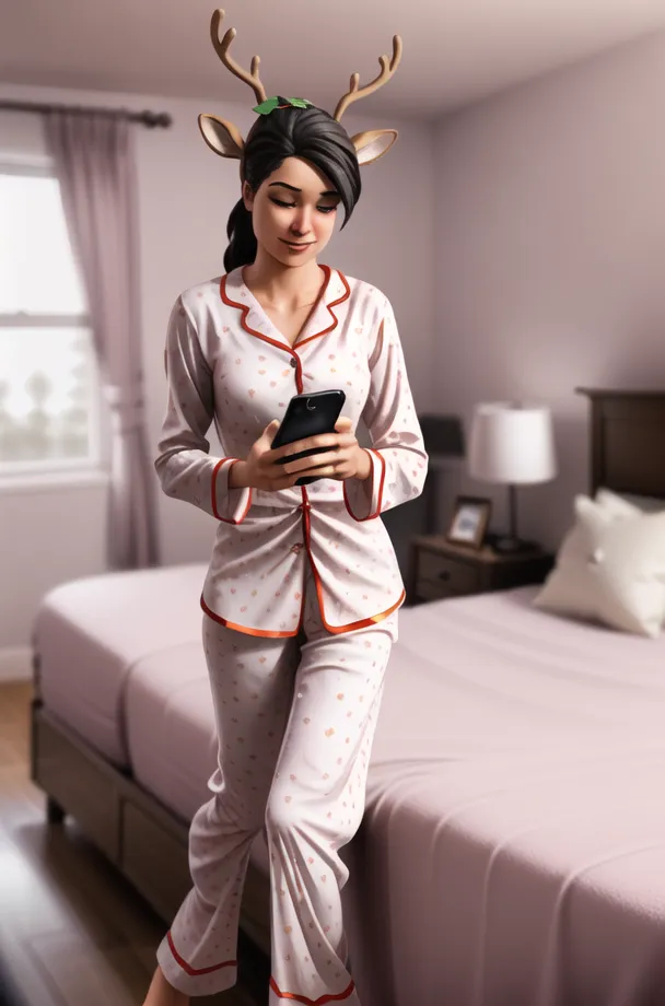 The image shows a young woman standing in a bedroom. She is wearing a pink and white polka dot pajamas with red piping. The woman has deer antlers on her head and is holding a phone. She is smiling and looking at the phone. The bed is unmade and there is a nightstand with a lamp on it. There is a window on the left side of the bed and a door on the right side.