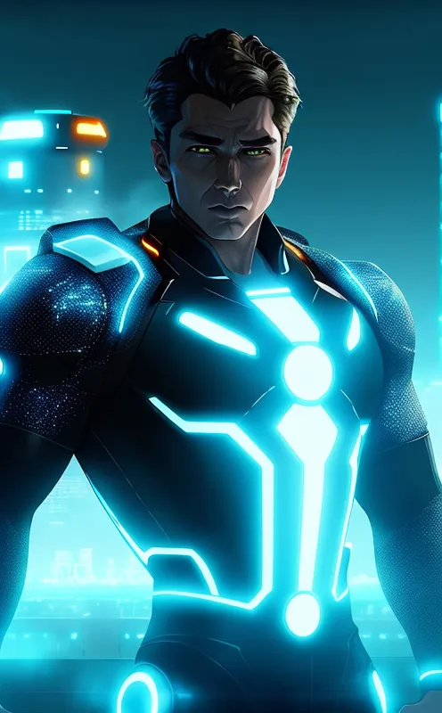 This is a picture of a man in a futuristic suit. The suit is black and blue and has a glowing blue light on the chest and arms. The man has short brown hair and green eyes. He is standing in a dark room with a blue light shining on him. There are blue lights in the background of the picture.