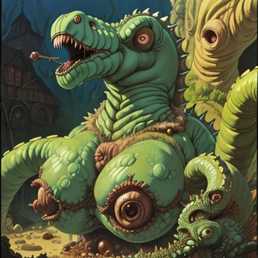 The image is a digital painting of a green dinosaur-like creature. The creature is standing on a pile of rocks and rubble, and there are two houses in the background. The creature has a long, serpentine body with a large, spiked head. It has two arms and two legs, and its skin is covered in scales. The creature is also has large, yellow eyes and a mouth full of sharp teeth. It is smoking a pipe.