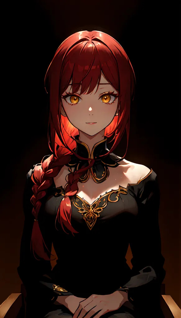 This is an image of a young woman with waist-length red hair and golden eyes. She is wearing a black cheongsam-style dress with gold trim and a red ribbon at the collar. The background is dark.