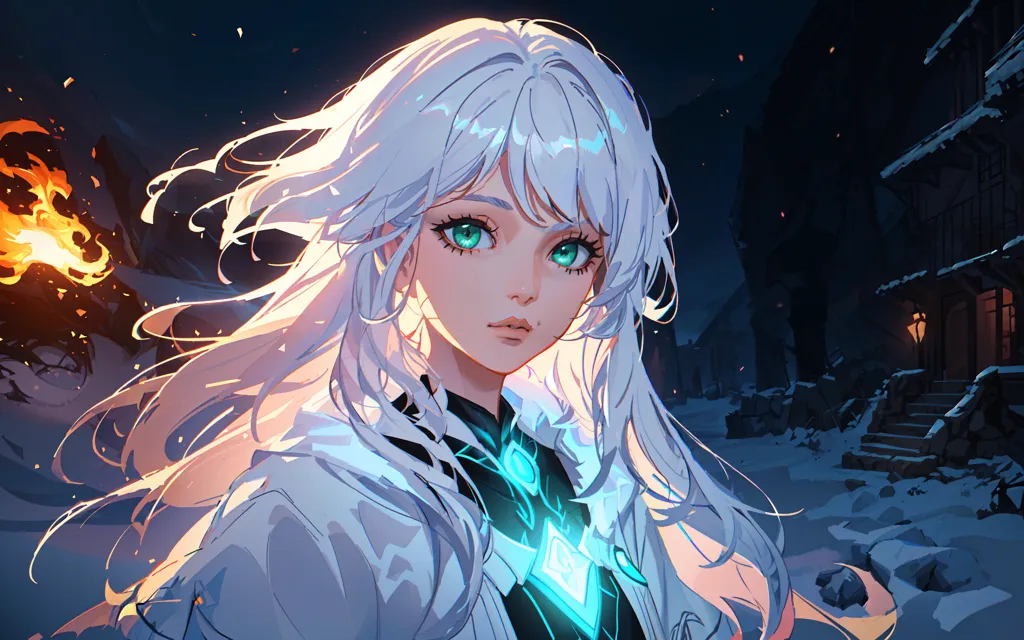 This is an image of a beautiful woman with long white hair and green eyes. She is wearing a white and blue outfit. She is standing in a snowy forest, there is a fire nearby and a house in the distance. The background is dark and there is a blue light coming from the fire. The woman is looking at the viewer with a serious expression.