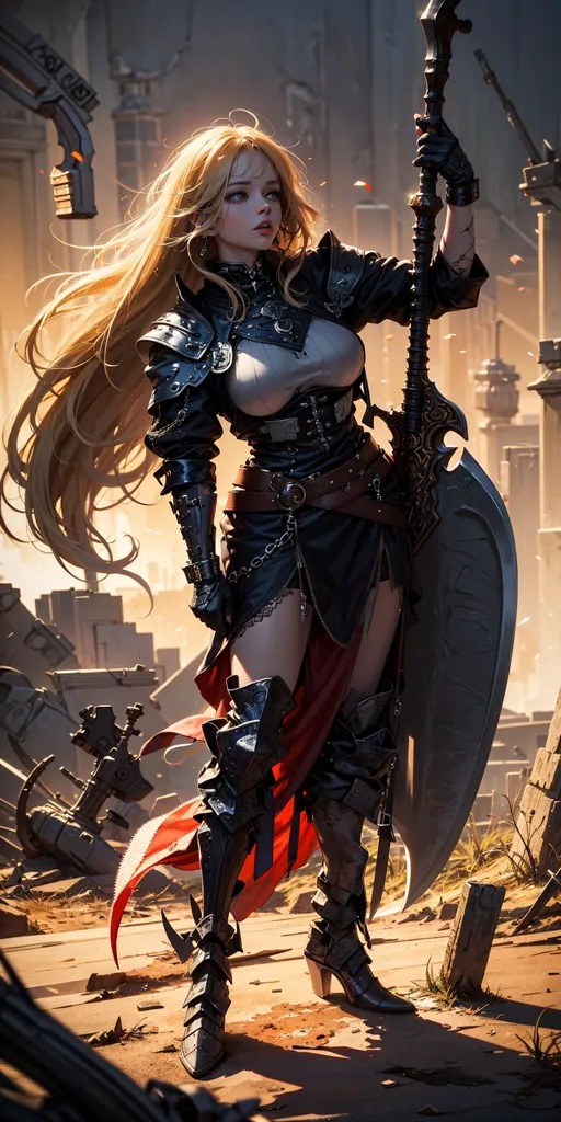 The image shows a woman in fantasy armor. She is wearing a black and red breastplate with a white camisole underneath. She is also wearing black boots, a red skirt, and a brown belt with a pouch on it. She has long blond hair and blue eyes. She is holding a large sword in her right hand and a shield in her left hand. She is standing in a ruined city. There are broken buildings and rubble all around her.