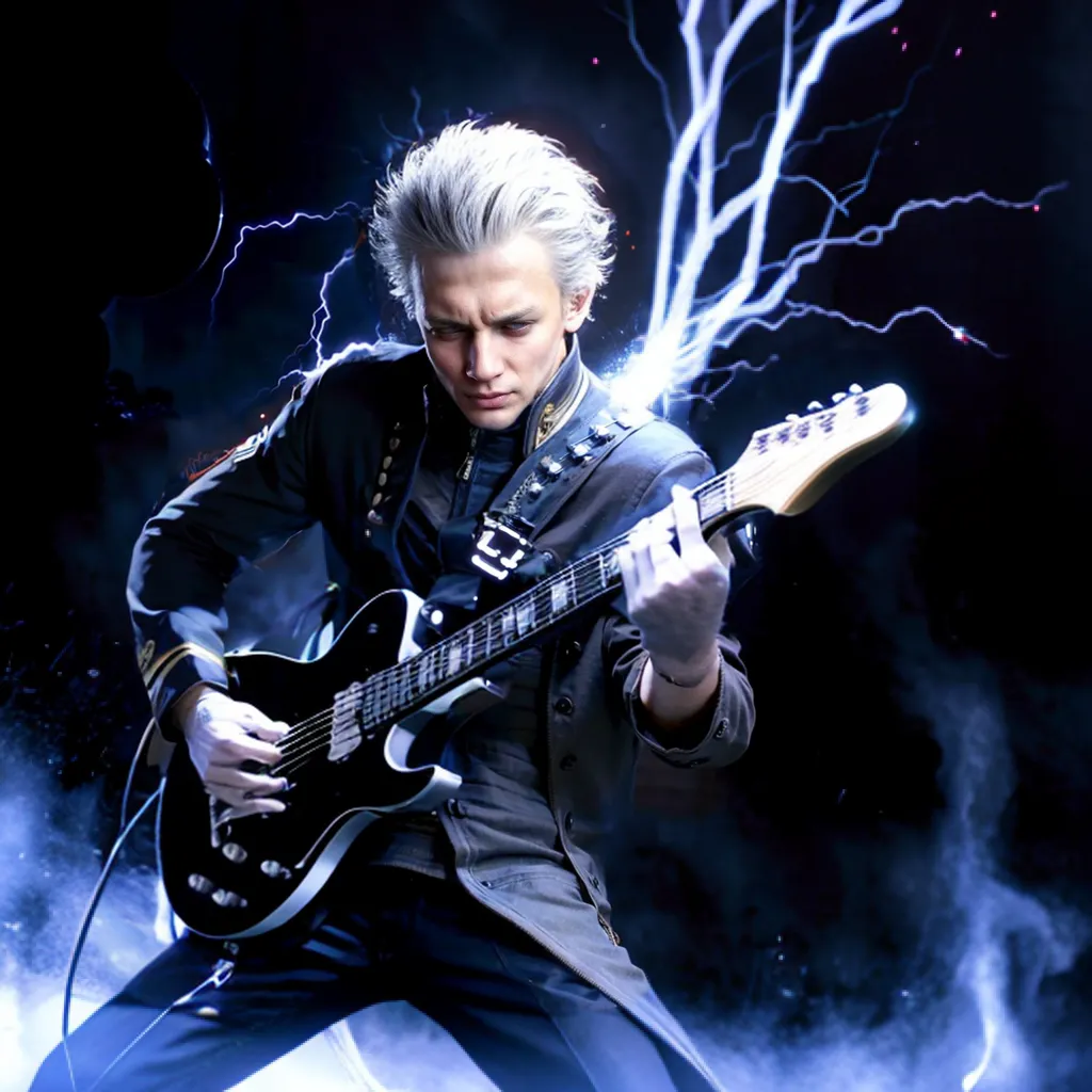 Esta es una imagen de un hombre tocando una guitarra eléctrica. Tiene el cabello blanco y lleva un traje negro y una camisa blanca. Está de pie frente a un fondo oscuro con rayos a su alrededor. Está tocando la guitarra con su mano derecha y tiene la mano izquierda en el mástil de la guitarra. La guitarra es negra con una placa de protección blanca. Tiene una expresión decidida en su rostro y está mirando la guitarra.