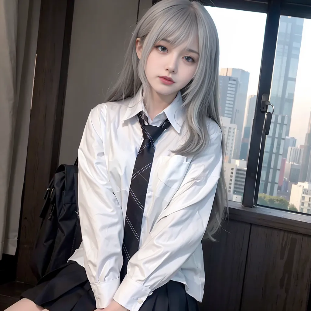 The image shows a young woman with long silver hair and gray eyes. She is wearing a white shirt, black tie, and black skirt. She is sitting in a room with a large window. The window is showing a city skyline.