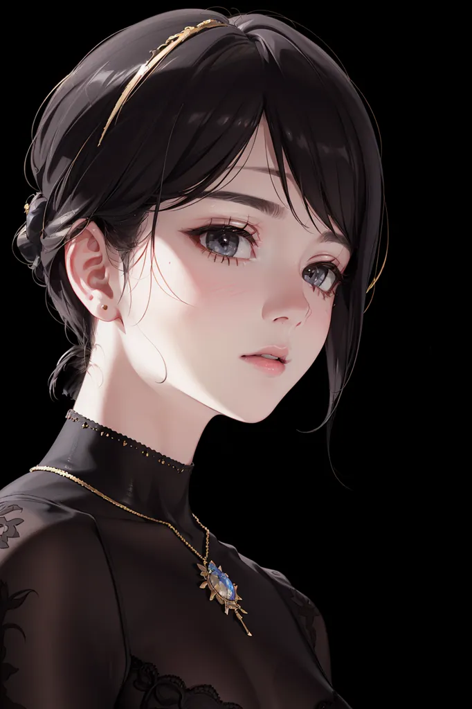 The picture shows a young woman with long black hair. She is wearing a black dress with a high collar. The dress is decorated with gold lace. She is also wearing a gold necklace with a blue gem in the center. Her eyes are blue and her skin is fair. She is looking at the viewer with a serious expression.