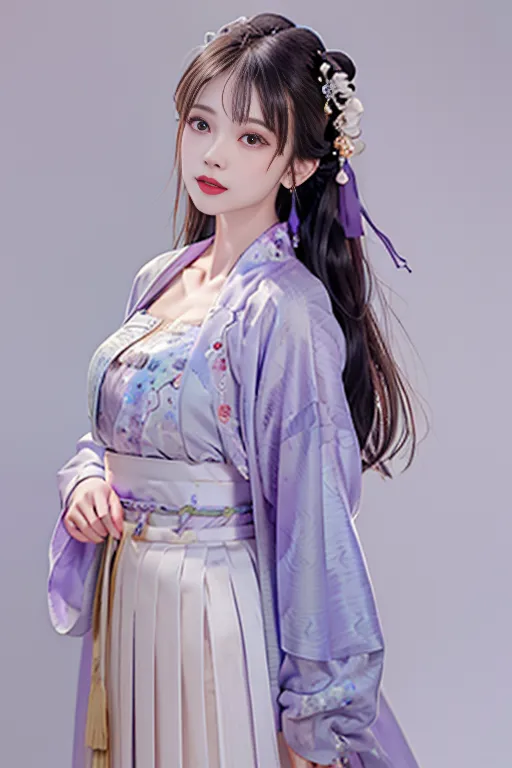 The image shows a young woman wearing a traditional Chinese dress called a hanfu. The hanfu is purple with white and pink floral embroidery. The woman has long black hair with a pink and white hairpiece. She is also wearing traditional Chinese makeup, with red eyeshadow and pink lipstick. The background of the image is a light purple.