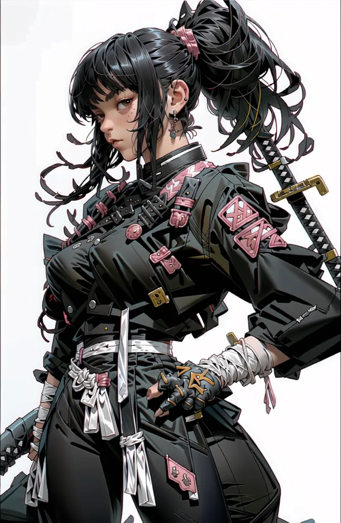 The image depicts a young woman with long black hair tied in a high ponytail. She is wearing a black and pink outfit with a white obi and has a sword on her back. The woman has a serious expression on her face and is looking to the left. She is standing in a confident pose with her feet shoulder-width apart. The background is a solid white color.