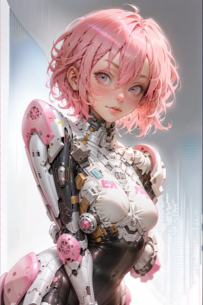 The image is a digital painting of a young woman with pink hair and pink eyes. She is wearing a white and pink bodysuit with a lot of technological details. The background is white with some light blue and grey details. The woman is standing in a confident pose. She looks strong and determined. The painting is done in a realistic style and the details are amazing.