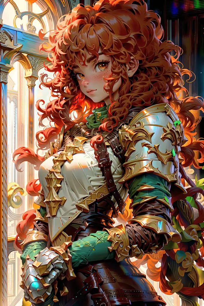 The image is of a young woman with long, curly red hair. She is wearing a suit of armor that is gold and green in color. The armor has intricate designs on it. She is also wearing a green belt and has a green sash around her waist. She has a sword in her right hand and a shield in her left hand. She is standing in front of a stained glass window. There are two large pillars on either side of her.