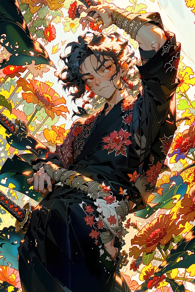 A young man with long black hair is standing in a field of flowers. He is wearing a black kimono with a floral pattern and a white haori. He is also wearing a black mask and a pair of black boots. He is holding a katana in his right hand and a wakizashi in his left hand. He has a determined expression on his face, as if he is about to engage in a fight. The background is a blur of yellow and orange flowers.