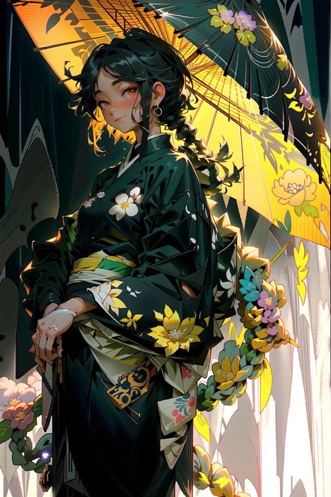 La imagen es de una hermosa mujer joven con cabello negro largo y ojos marrones. Ella está usando un kimono japonés tradicional con un patrón floral y un obi amarillo. Ella está sosteniendo un paraguas amarillo con un patrón floral. El fondo es una mezcla borrosa de colores claros y oscuros. La mujer está de pie en un campo de flores. Ella está sonriendo y se ve feliz.