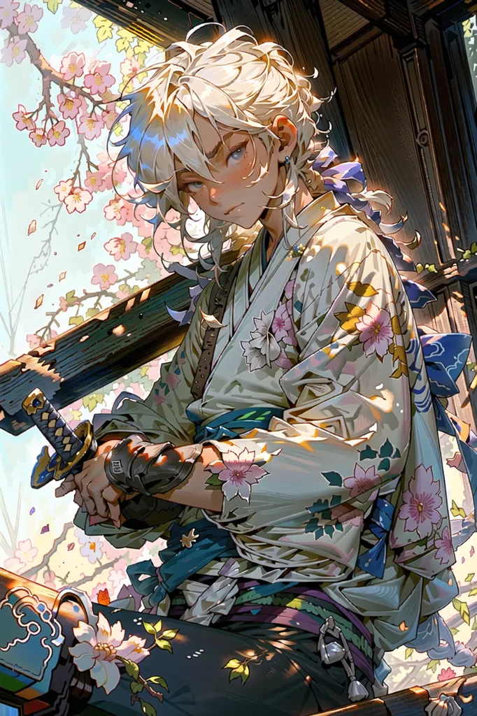 The image is a painting of a young man with long white hair and blue eyes. He is wearing a traditional Japanese kimono with a floral pattern and a haori with a white and blue checkered pattern. He is also wearing a sword. The background is a blur of cherry blossoms. The man is standing in a confident pose, with one hand on his sword and the other holding a branch of cherry blossoms. His expression is serene and determined. The painting is done in a realistic style, with muted colors and soft shading.