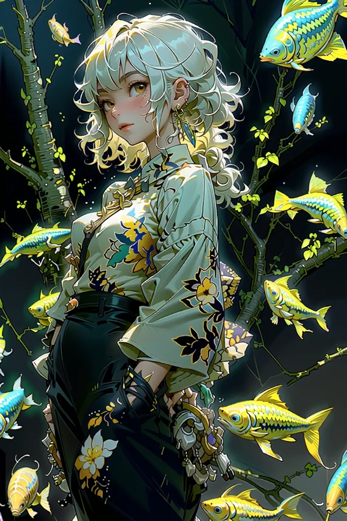 The image is a painting of a young woman with long, white hair and yellow eyes. She is wearing a green shirt with a floral pattern and black pants. She is standing in a forest, and there are many fish swimming around her. The fish are all different colors, and they are all very beautiful. The woman is looking at the fish with a smile on her face. She seems to be very happy and content. The painting is very beautiful, and it is clear that the artist put a lot of time and effort into creating it.