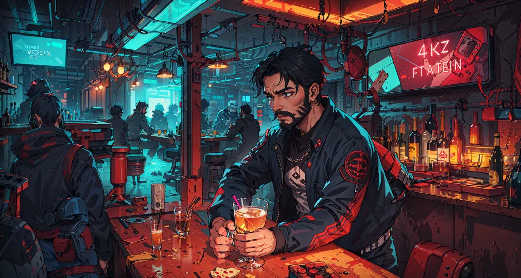 The image is set in a bar with a cyberpunk theme. The bar is dimly lit with neon lights and has a variety of people in it. At the bar is a man with dark hair and a beard, wearing a black leather jacket and a white shirt. He has a glass in his hand and is looking at the camera. There are other people in the bar, including a man and woman talking, and a group of people playing pool. The bar is decorated with graffiti and has a variety of objects on the shelves, including bottles of alcohol, a skull, and a clock.